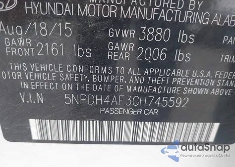 2016 Hyundai Elantra Se z USA, uszkodzony, nr VIN 5NPDH4AE3GH745592
